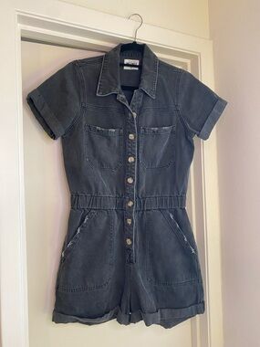 Show Me Your MuMu Washed Black Short-Sleeve Denim Romper